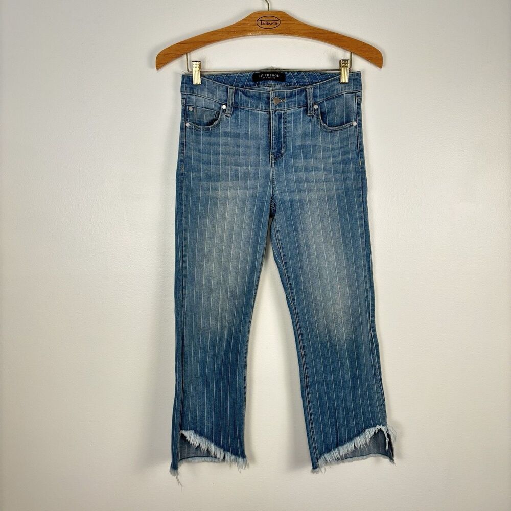 Liverpool Los Angeles Hannah Angled Frayed Crop Jeans Striped Size 4